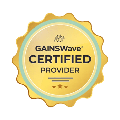 Gold badge displaying "GAINSWave Certified Provider" with three stars at the bottom and a stylized sound wave logo above the text, ideal for concierge doctor practices seeking to highlight advanced certification.